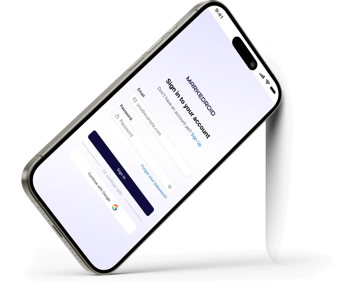 MarkeDroid app sign-in and dashboard on a phone next to the MarkeDroid box